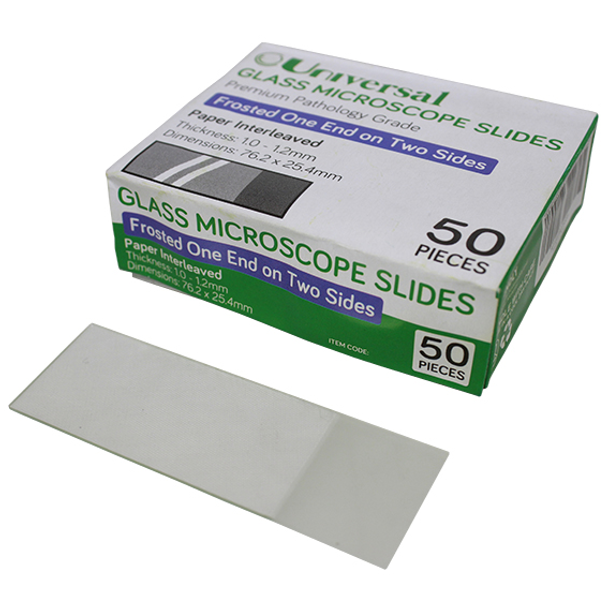 Universal Microscope Glass Slide, Frosted, Thickness 1.0mm - 1.2mm, 76.2 x 25.4mm, Interleaved, 50 per Pack - All Types