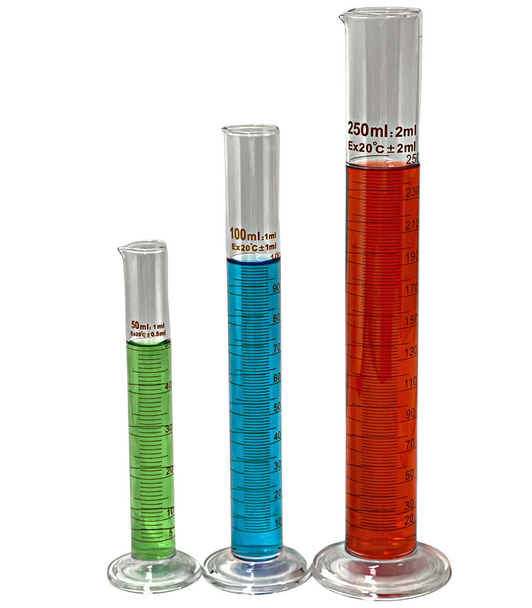 Set Glass Measuring Cylinders, Round Base, Graduated Tall Form Cylinder With Spout - All Sets