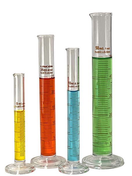 Set Glass Measuring Cylinders, Round Base, Graduated Tall Form Cylinder With Spout - All Sets