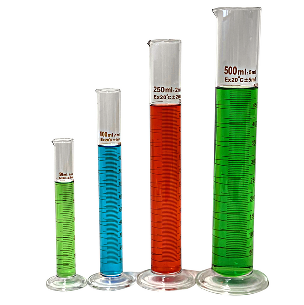 Set Glass Measuring Cylinders, Round Base, Graduated Tall Form Cylinder With Spout - All Sets