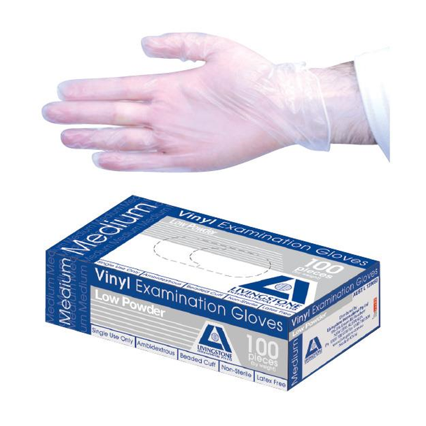 Vinyl Examination Gloves, Recyclable, Low Powder, Clear - All Sizes