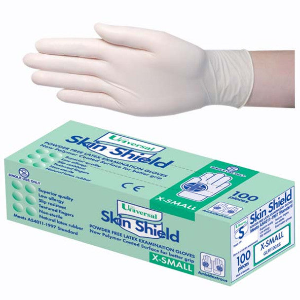 Universal Skin Shield Latex Examination Gloves Powder Free AS/NZ Biodegradable Polymer Coated Textured HACCP, Cream - All Sizes