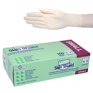 Universal Skin Shield Latex Examination Gloves Powder Free AS/NZ Biodegradable Polymer Coated Textured HACCP, Cream - All Sizes