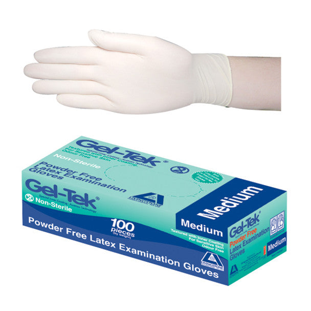 Gel-Tek Latex Examination Gloves, Powder Free, Polymer Coated, Textured, Non-Sterile, Cream - All Sizes