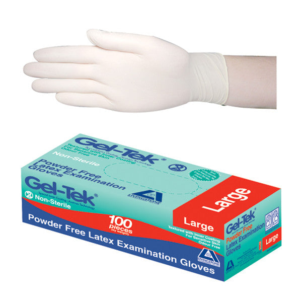 Gel-Tek Latex Examination Gloves, Powder Free, Polymer Coated, Textured, Non-Sterile, Cream - All Sizes