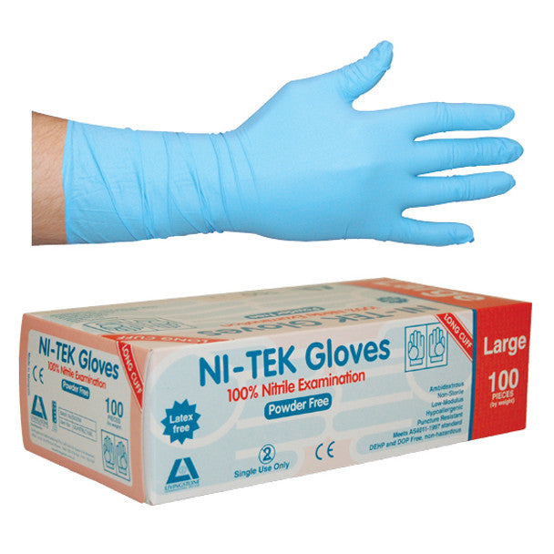 Ni-Tek Nitrile Gloves, Long Cuff 300mm, AS/NZ, Powder Free, Blue - All Sizes