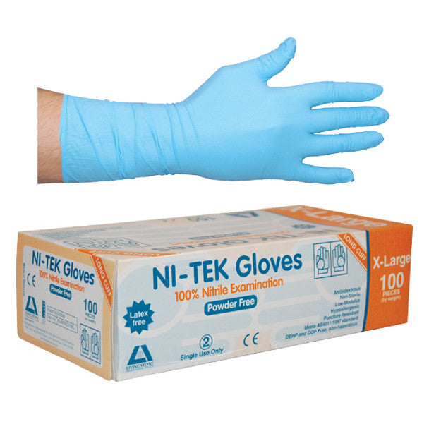 Ni-Tek Nitrile Gloves, Long Cuff 300mm, AS/NZ, Powder Free, Blue - All Sizes