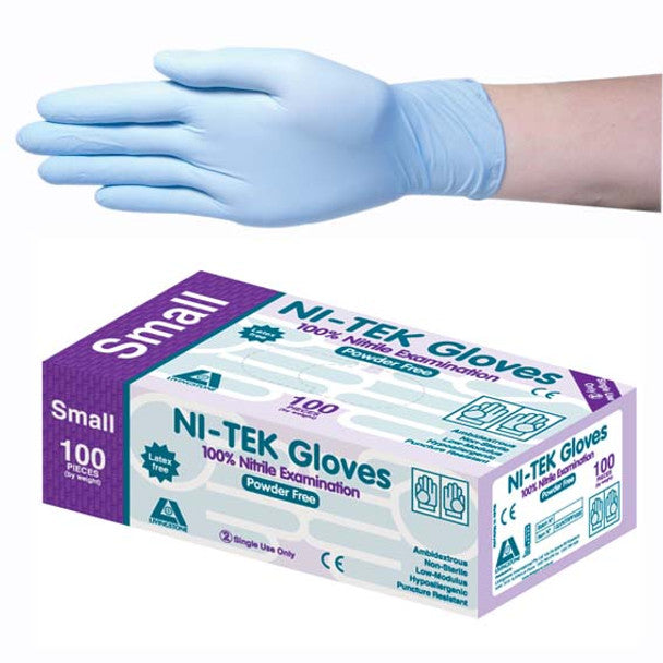 Ni-Tek Nitrile Gloves, AS/NZ, Malaysian, Powder Free, Blue Colour - All Sizes