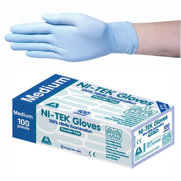 Ni-Tek Nitrile Gloves, AS/NZ, Malaysian, Powder Free, Blue Colour - All Sizes