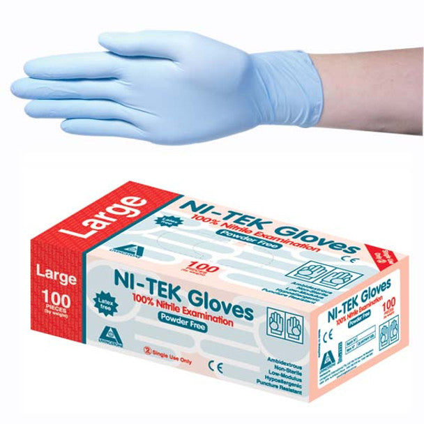 Ni-Tek Nitrile Gloves, AS/NZ, Malaysian, Powder Free, Blue Colour - All Sizes