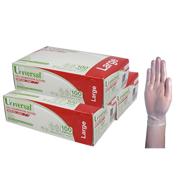 Universal Vinyl Examination Gloves, Recyclable, Powder Free, Clear, HACCP Grade - All Sizes