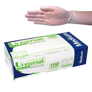 Universal Vinyl Examination Gloves, Recyclable, Low Powder, Clear, HACCP Grade - All Sizes