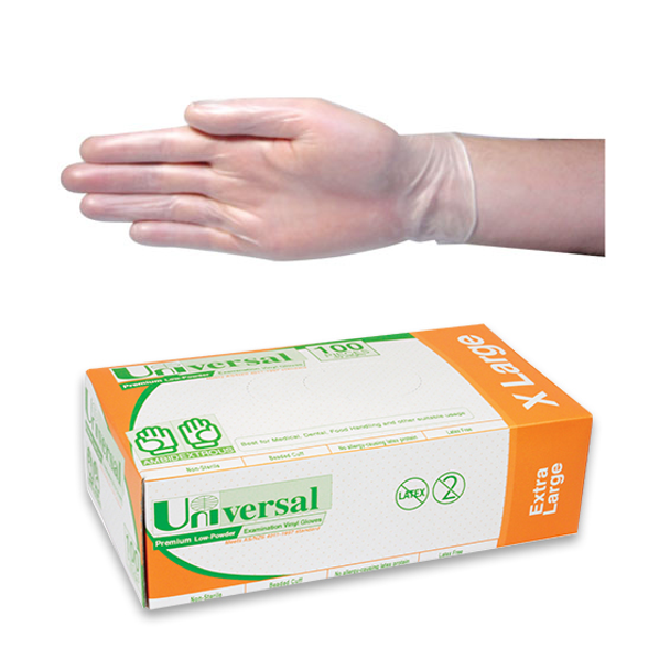 Universal Vinyl Examination Gloves, Recyclable, Low Powder, Clear, HACCP Grade - All Sizes