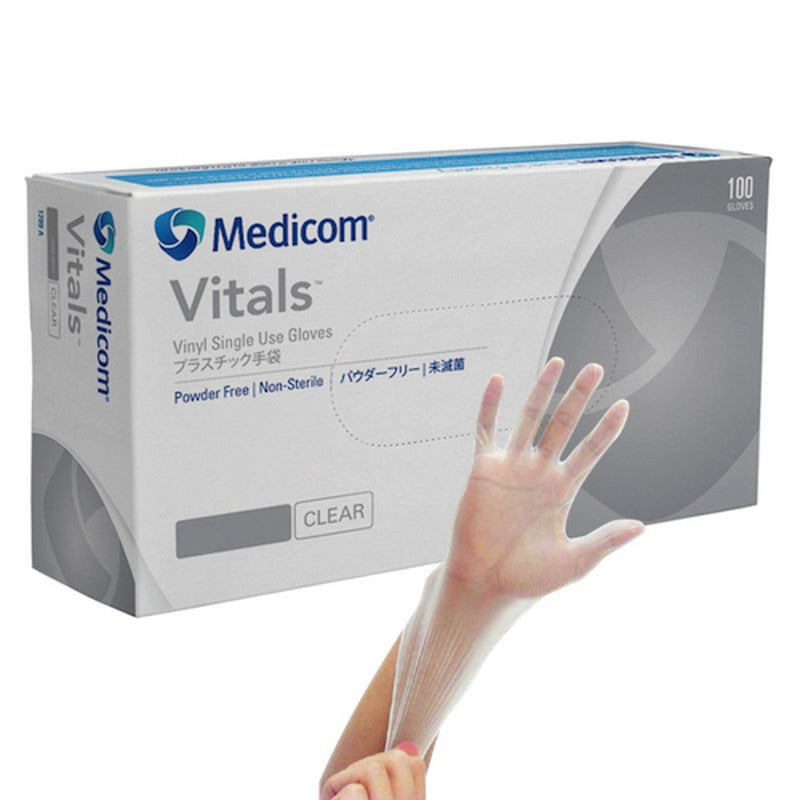 Medicom Vitals Vinyl Gloves Clear, (4.5g), 10Box of 100pcs