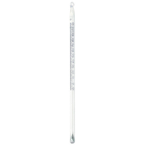 Lab Thermometer, Red Spirit, Minus 10 to 100 Degrees Celsius, 2.0 Degree Division, Total Immersion, 155mm Length, Each