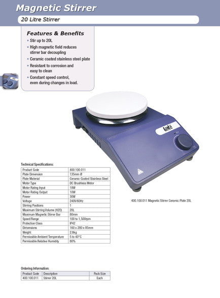 Magnetic Stirrer - Ceramic Plate, Stirring Volume: Up to 20L