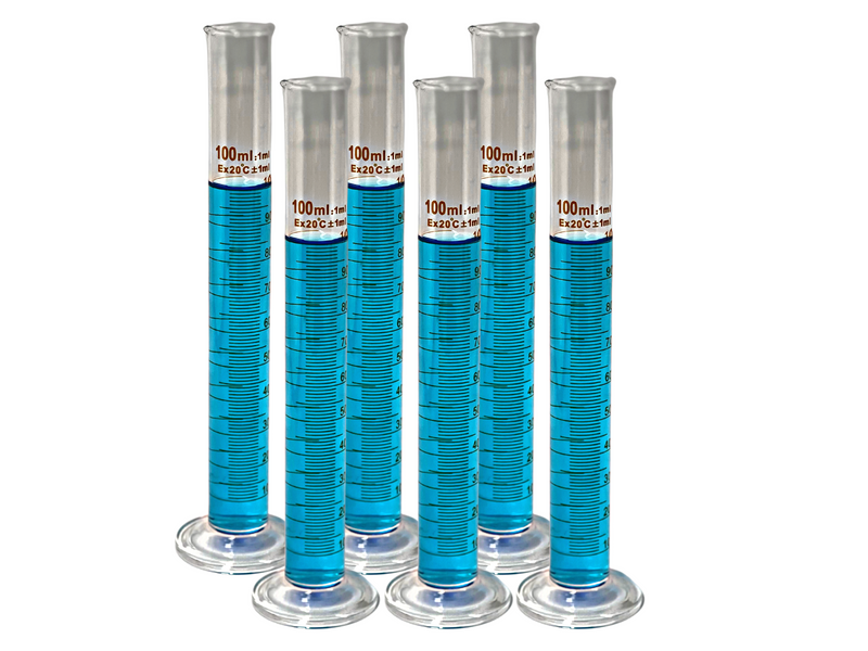 Glass Measuring Cylinders, Round Base, Graduated Tall form with spout - sizes: 50ml - 500ml