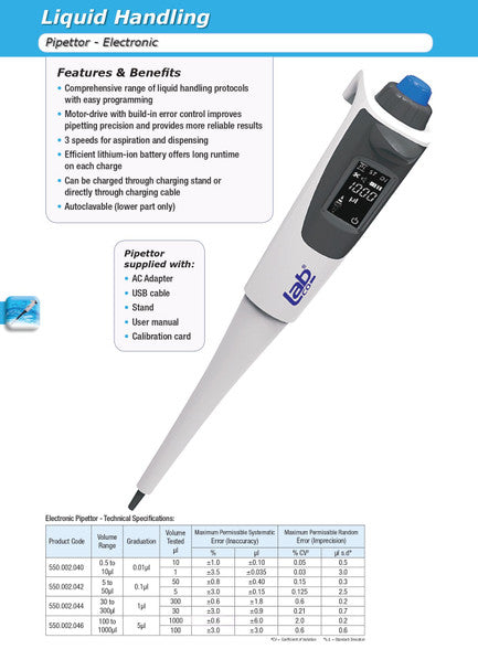 Pipettor Electronic 30 to 300uL, Each