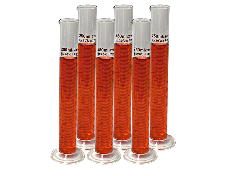 Glass Measuring Cylinders, Round Base, Graduated Tall form with spout - sizes: 50ml - 500ml