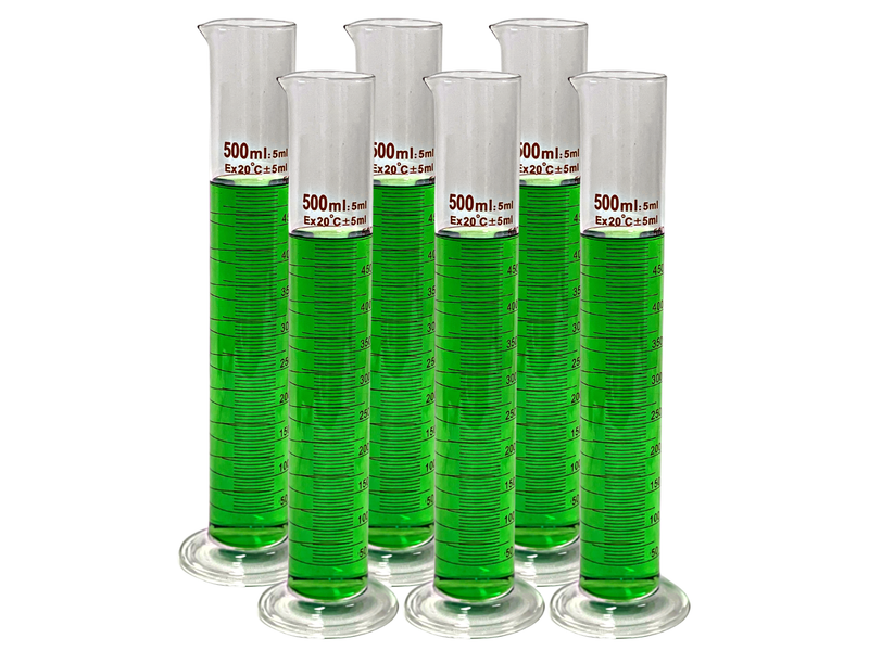 Glass Measuring Cylinders, Round Base, Graduated Tall form with spout - sizes: 50ml - 500ml