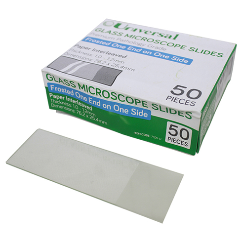 Universal Microscope Glass Slide, Frosted, Thickness 1.0mm - 1.2mm, 76.2 x 25.4mm, Interleaved, 50 per Pack - All Types