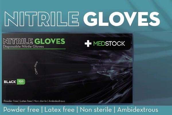 Medstock Nitrile Disposable Gloves, Black, Powder Free, Latex Free, Textured, Ambidextrous 100 pcs/box