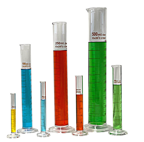 Set Glass Measuring Cylinders, Round Base, Graduated Tall Form Cylinder With Spout - All Sets