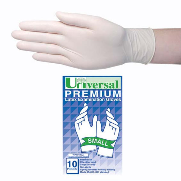 Universal Premium Biodegradable Latex Gloves, Low Powder, 10 per Pack - All Sizes