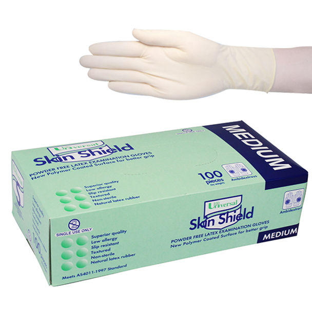 Universal Skin Shield Latex Examination Gloves Powder Free AS/NZ Biodegradable Polymer Coated Textured HACCP, Cream - All Sizes