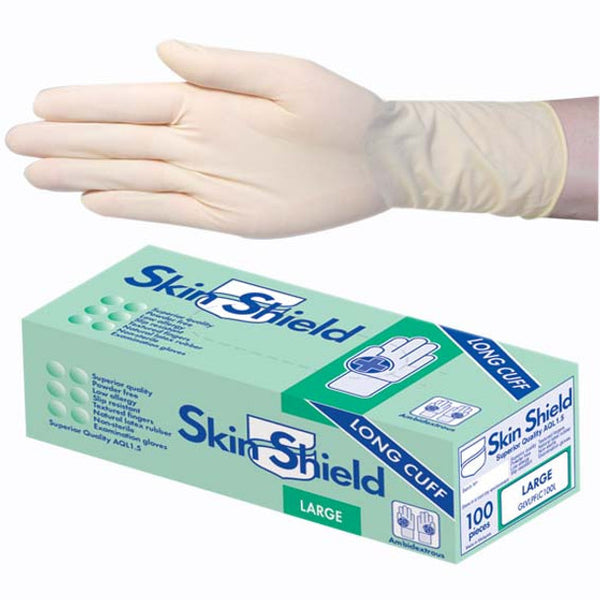 Skin Shield Biodegradable Latex Examination Gloves, AS NZ Standard, Powder Free, Long Cuff, 30cm, Cream Colour - All Sizes