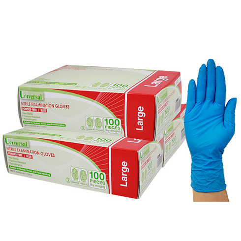 Universal Nitrile Examination Gloves, AS/NZ, Powder Free, Large, Blue Colour, 100 per Box, 1000 per Carton