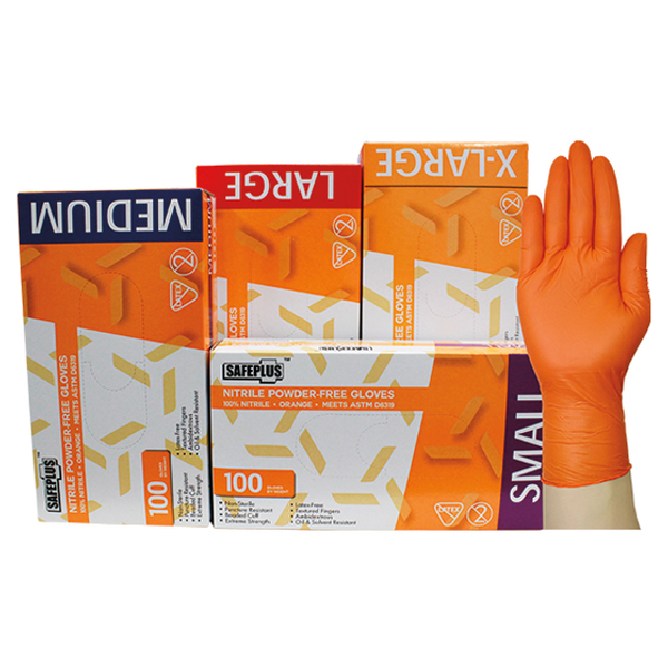 Safeplus Thick Nitrile Gloves, 245mm Cuff, Heavy Duty, Powder Free, Orange Colour - All Sizes