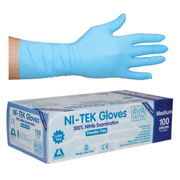 Ni-Tek Nitrile Gloves, Long Cuff 300mm, AS/NZ, Powder Free, Blue - All Sizes