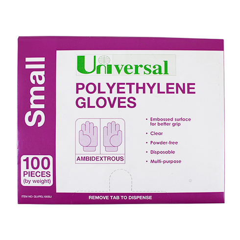 Universal Disposable Polyethylene Gloves, Small, Recyclable, Latex Free, Clear, 100 per Pack