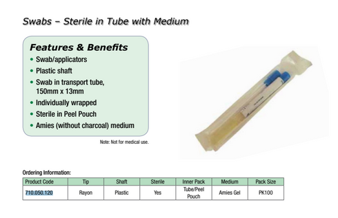 Swab Transport (Media), 13 x 150mm (Tube), Sterile (individually wrapped peel pack), PK100