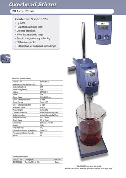 Stirrer Overhead, Stirring Volume: Up to 20L (in relation to H20),