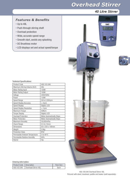 Stirrer Overhead, Stirring Volume: Up to 40L (in relation to H20)