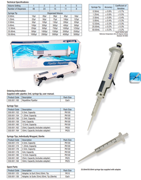 Repetitive Pipettor 10ul - 5ml, Wide Range: 5 Selectable Volume Settings,